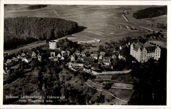 Postcard Lichtenberg Fischbachtal in the Odenwald, aerial view of the castle