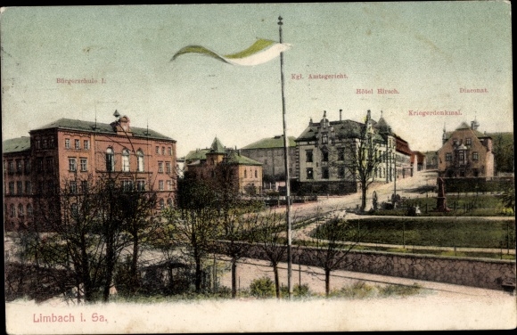 Ak Limbach Oberfrohna Sachsen, Bürgerschule I, Amtsgericht, Hotel Hirsch, Kriegerdenkmal, Diakonat