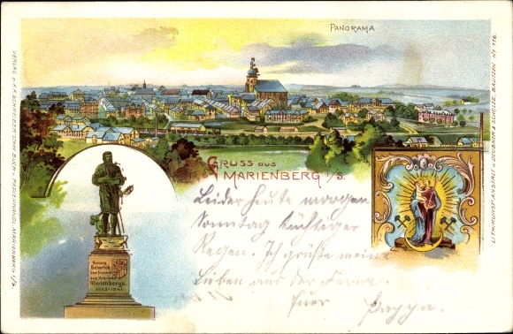 Chromo-Litho Marienberg in the Erzgebirge of Saxony, Panorama, duke Heinrich monument, portrait of Mary
