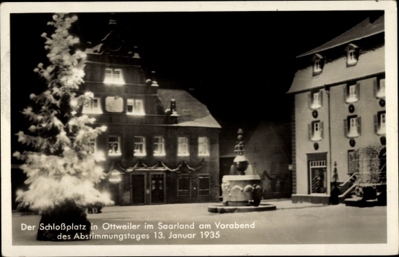 PC Ottweiler in Saarland, Schlossplatz on the eve of the vote in 1935, winter, night lighting