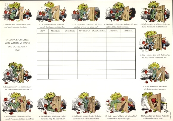 Timetable Sparkassen Verlag, picture stories Wilhelm Busch, Pusterohr (1868) around 1960