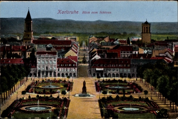 Ak Karlsruhe in Baden,  Blick vom Schloss, Stadtansicht, Gärten, Brunnen