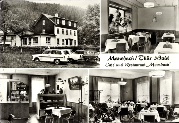 Postcard Manebach Ilmenau in Thuringia, Cafe and Restaurant Moosbach, exterior view, interiors