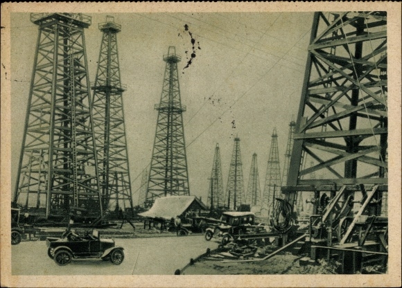 Postcard drilling field, oil production, derricks