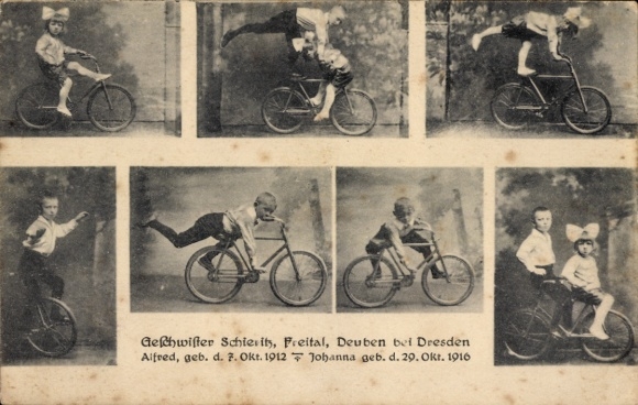 Ak Deuben Freital in Sachsen, Geschwister Schieritz, Kunststücke auf dem Fahrrad