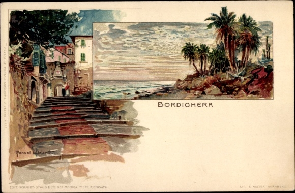 Artist Chromo-Litho Wielandt, Manuel, Bordighera Liguria, coast, street with steps