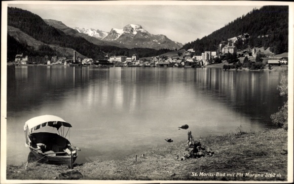 Postcard Sankt Moritz Canton Graubünden, bath with PizMargna, boat on the shore