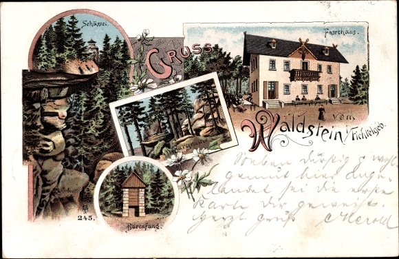 Litho Zell in het Fichtelgebirge, Waldstein, boswachtershut, berenval, kom, kasteelruïne