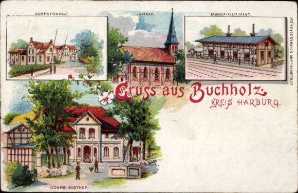 litho Buchholz in de Nordheide, dorpsstraat, kerk, treinstationrestaurant, Cohrs Gasthof