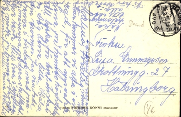 Artist Postcard Edgren, J., people celebrating, Swedish flag, cake