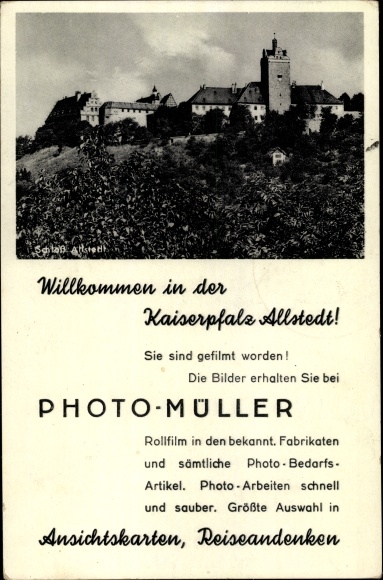 Ansichtkaart Allstedt in Saksen Anhalt, keizerlijk paleis, kasteel, reclame, foto Müller