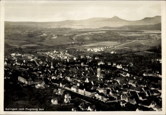 Postcard Balingen in Württemberg, view of Balingen from the air, black and white photo, landscape photo