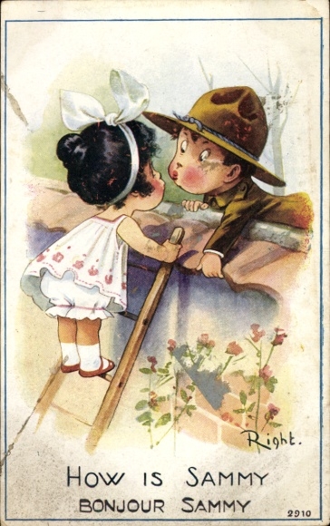 Artist Postcard Right, Soldier and girl on a ladder, kiss