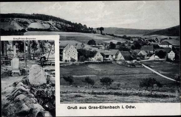 Ak Grasellenbach im Odenwald, Siegfried Brunnen, Blick auf den Ort