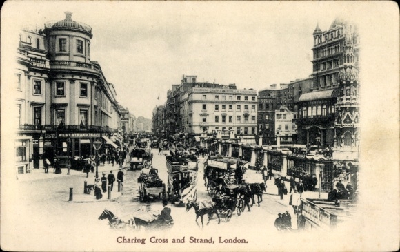 Postcard London City England, Charing Cross and Strand, train station