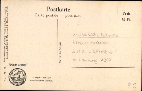 Artist Postcard Rave, Chr., Marine Gallery 72, German warship SMS Leipzig, armored cruiser, 1907