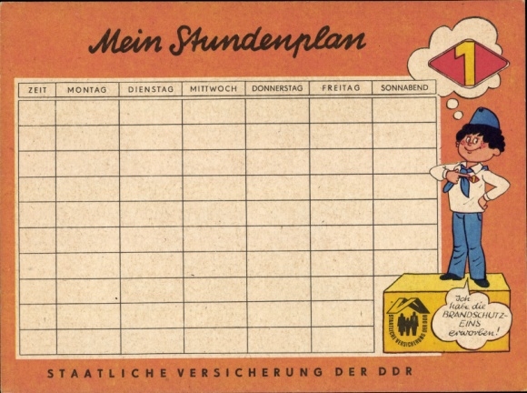 Timetable GDR state insurance, fire protection insurance, picture story around 1970