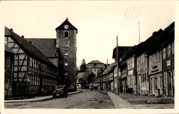 Postcard Schwarza in the Thuringian Forest, city view, street, tower, shops