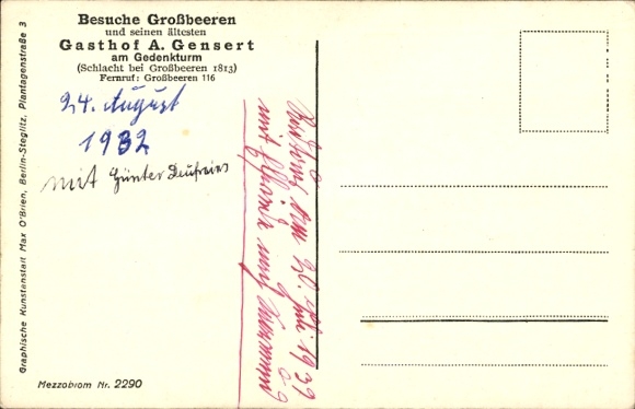 Postcard Großbeeren in Brandenburg, Inn at the Memorial Tower