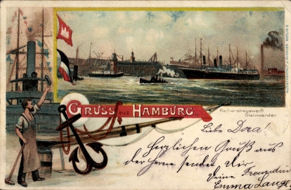 Chromo-Litho Hamburg Mitte Steinwerder, shipyard, ships, steamers, anchor