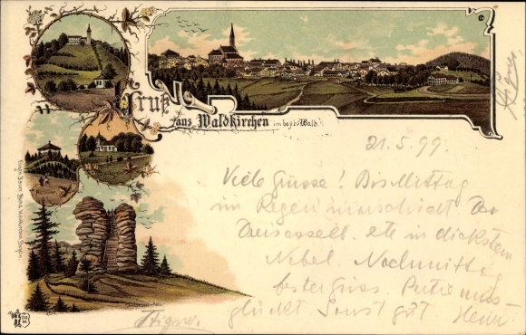 Litho Waldkirchen am Goldenen Steig Niederbayern, Gesamtansicht, Dreisesselfels, Carolikapelle