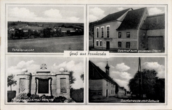 Ak Frankroda im Burgenlandkreis, Totale, Gasthof zum goldenen Stern, Dorfstraße, Schule, Denkmal
