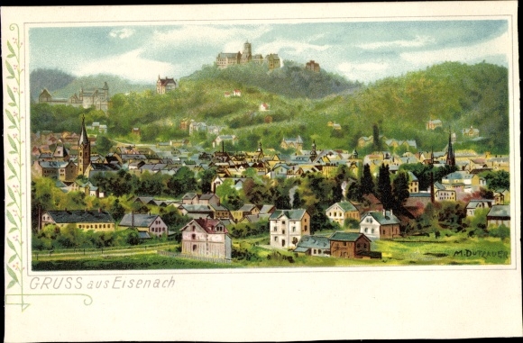 Kunstenaar litho Dutzauer, M., Lutherstadt Eisenach in Thüringen, algemeen beeld, Wartburg