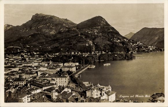 KP Lugano Kanton Ticino Szwajcaria, krajobraz z Monte Bri, widok na jezioro, miasto czarno-białe zdjęcie