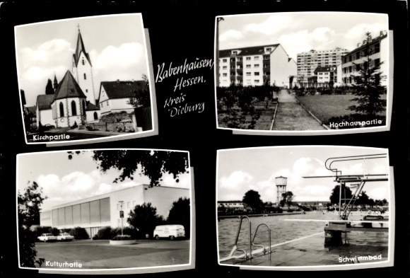 Ak Babenhausen Hessen, Kirchpartie, Hochhäuser, Schwimmbad, Kulturhalle