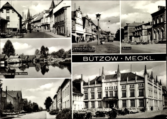 Postcard Bützow in Mecklenburg, train station, Wilhelm Pieck-Strasse, boathouses on the Warnow, Gartenstrasse