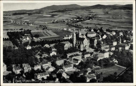 Postcard Cham in the Upper Palatinate, town view, aircraft photo