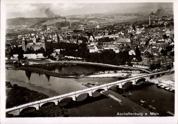 Postcard Aschaffenburg in Lower Franconia, aerial photograph, Main Bridge, Johannisburg Castle
