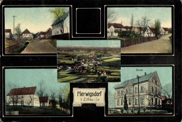 Ansichtkaart Herwigsdorf Rosenbach in Oberlausitz, overzicht, straatdelen, school