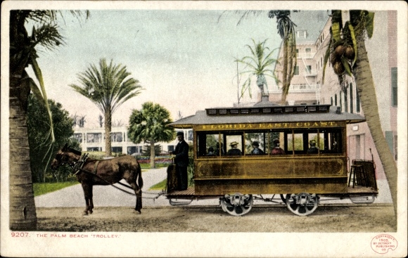 Postcard Palm Beach Florida USA, the Palm Beach Trolley, horse-drawn carriage