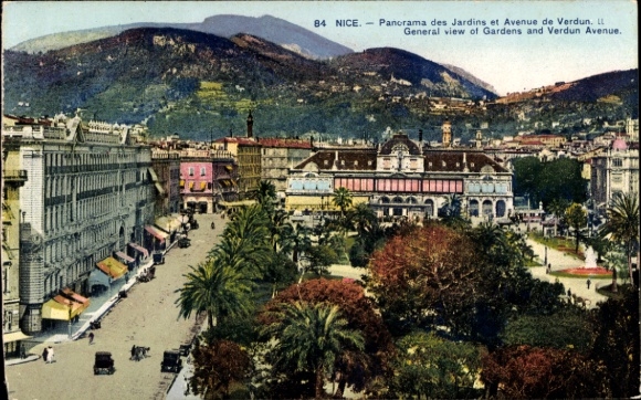 Postcard Nice Nice Alpes Maritimes, panorama of the gardens and Avenue de Verdun, street view, mountains in