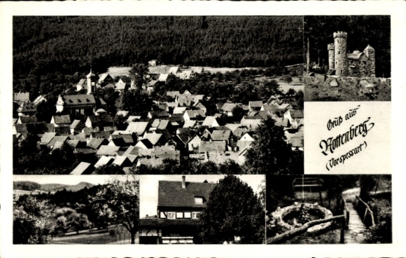 Postcard Rottenberg Hösbach in Spessart Lower Franconia, general view, castle, partial views