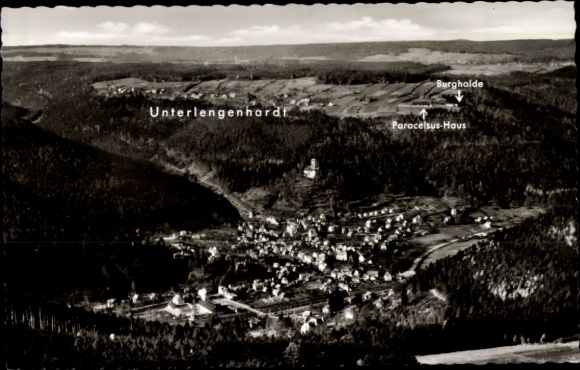 Postcard Unterlengenhardt Bad Liebenzell in the Black Forest, panoramic view of Burgholde, Paracelsus House