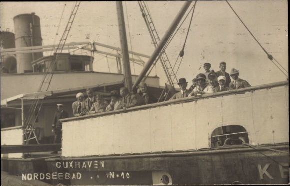 Postcard North Sea resort Cuxhaven, North Sea resort, people on a ship, old