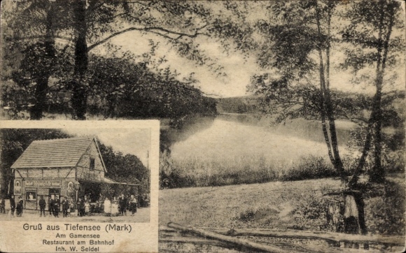Postcard Tiefensee Werneuchen Mark, Am Gamensee, Restaurant at the train station, W. Seidel