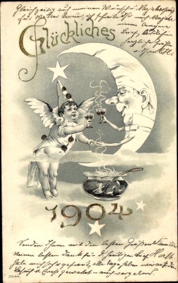 Embossed Chromo-Litho Happy New Year, angel and moon with punch