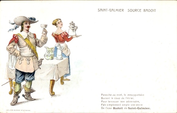 Ak Saint Galmier Loire, Source Badoit, mousquetaire, Reklame