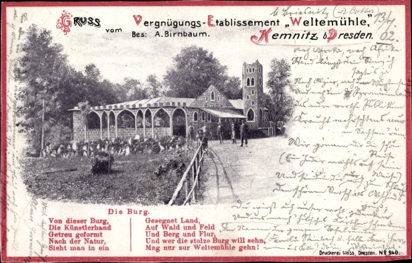 Postcard Dresden Cotta Kemnitz, Vergnügungsestablishment Weltemühle, Die Burg