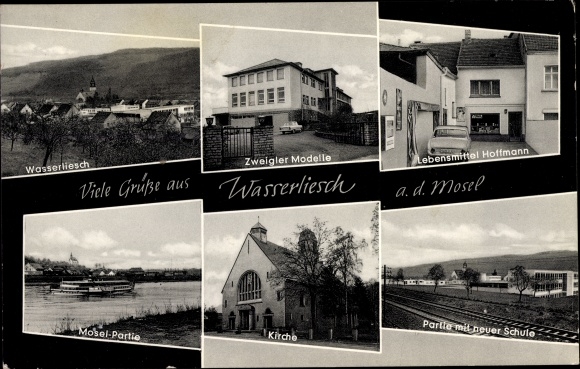 Postcard Wasserliesch on the Moselle, place, church, shop Hoffmann, school, Moselle lot