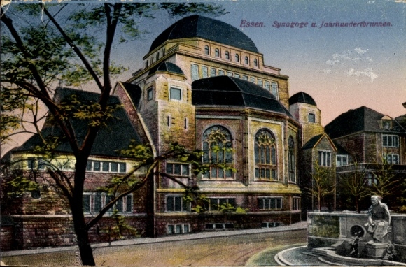 Judaica Postcard Essen in the Ruhr area, Synagogue, Centennial Fountain