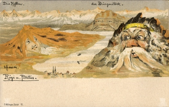 Kunstenaar Ak Nolde, E., Kanton Luzern, Pilatus, Rigi, Bergen met gezichten