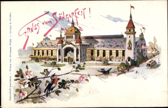 Postwaardekaart Stuttgart in Württemberg, groeten van het zangfestival, festivalzaal, tram, roodborstje