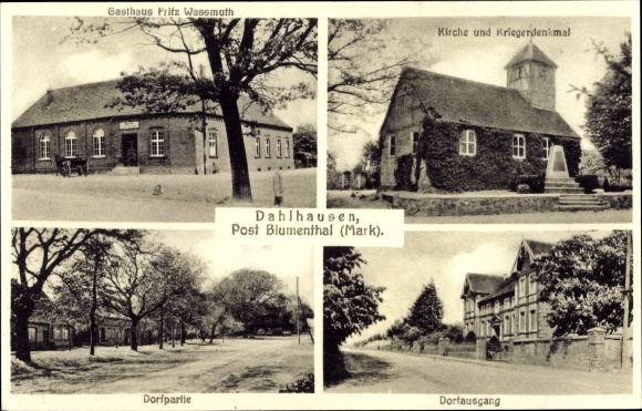 Postcard Dahlhausen Mark Heiligengrabe in Brandenburg, church, war memorial, inn