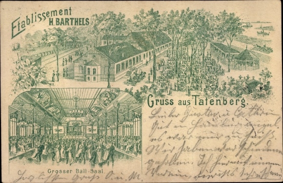 Litho Hamburg Bergedorf Tatenberg, etablissement, overzicht, vogelperspectief, Gr. balzaal, gasten