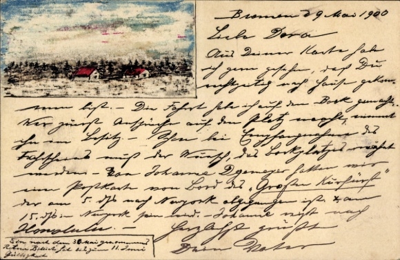Hand-painted postal stationery PC village idyll in winter, houses