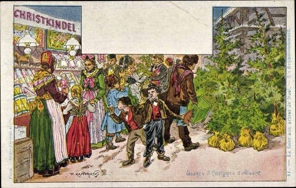 Artist Chromo-Litho Kauffmann, Alsatian customs and costumes, Christmas market, market stall